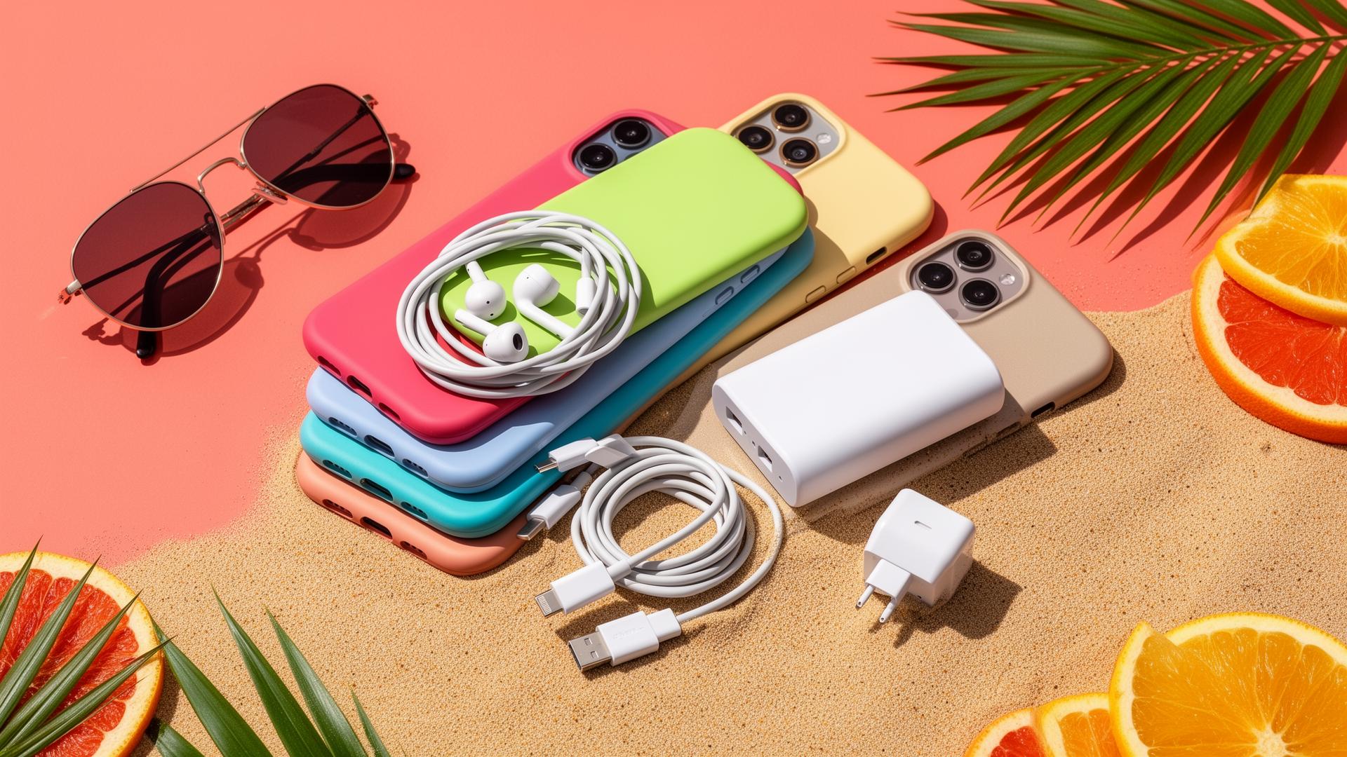 Zomer stapel korting — kleurrijke telefoonhoesjes, oordopjes, kabels en powerbank in zomerse setting